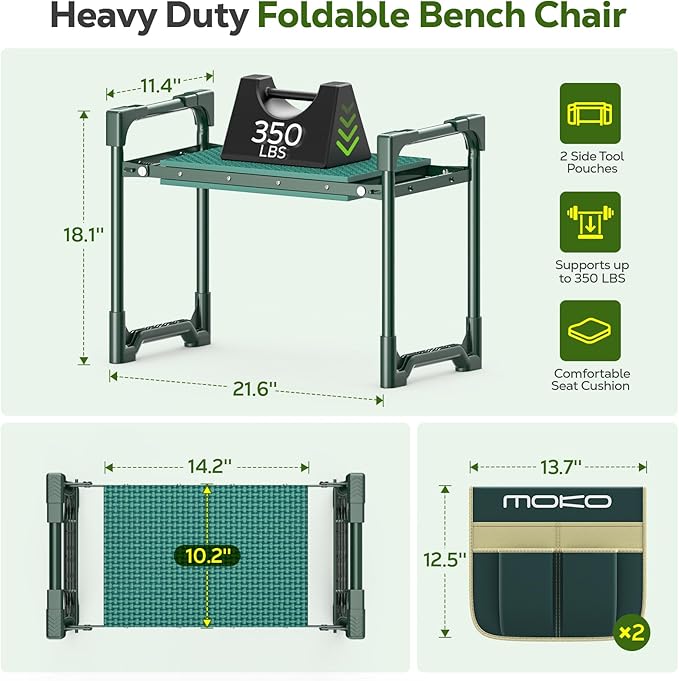 MoKo Garden Kneeler, Heavy Duty Garden Kneeler and Seat Supports up to 350Lbs, Gardening Stool with LargeTool Bag, Foldable Kneeling Stool Space Saving, Gardening Gifts for Women, Seniors, Dark Green