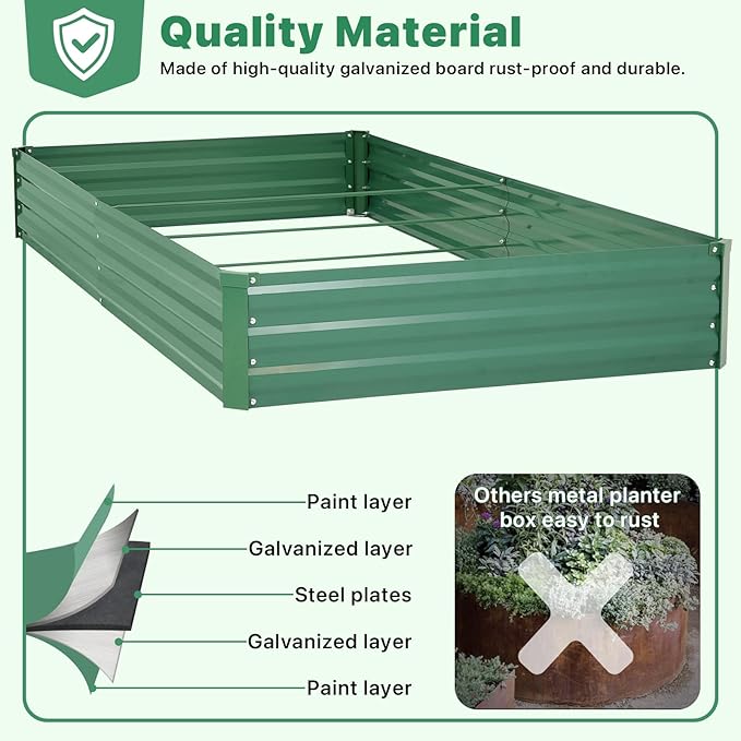 ONCEMORE Galvanized Raised Garden Bed for Vegetables Flowers Herbs, Metal Raised Garden Bed Kit with 2 PCS Tomato Cage, Gloves, Trellis Netting, Plant Labels, Plant Ties, Green 6×3×1FT