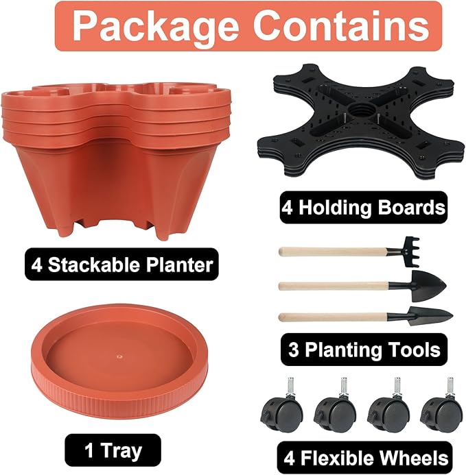 GameXcel Vertical Planter Tower- 4 Tier Stackable Garden Planter with Wheels and Tool Set – Grow Strawberries Herbs Flowers and Vegetables - Indoor Outdoor Use Red