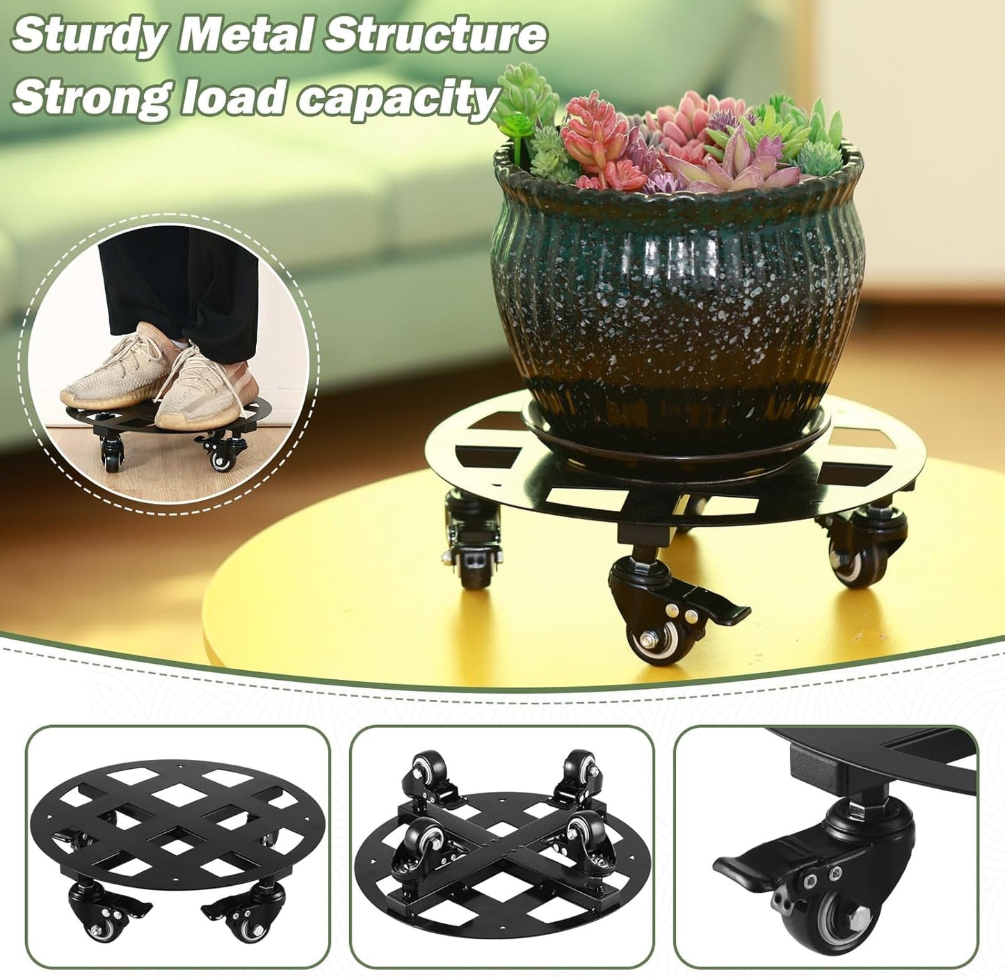 1 Pack 13.6 inches Large Metal Plant Caddy with Wheels Heavy-Duty Round Plant Stands with Casters Indoor Outdoor Flower Pot Mover Roller Base Garden Dolly Coasters Black, Strong Load Capacity