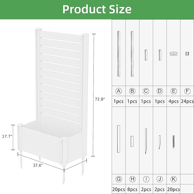 Casaphoria Raised Garden Bed with Trellis, 73"x37"x18" Planter Box with Open Bottom for Gardening Vegetables & Vines and Climbing Plants, White