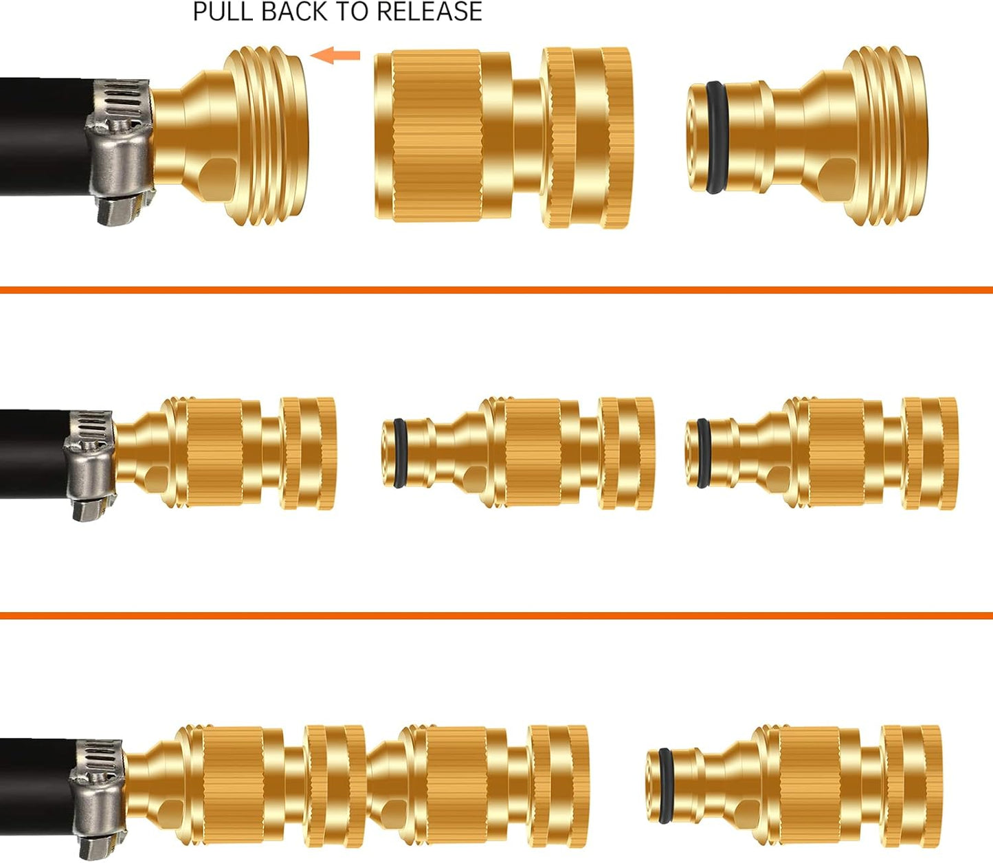 Garden Hose Quick Connector, No-Leak 3/4 Inch GHT Thread Fitting Water Hose Female Adapter and Male Adapter, Heavy-Duty Rust Resistant Brass Water Pipe Connect, Easy to Use (6 Pack ）