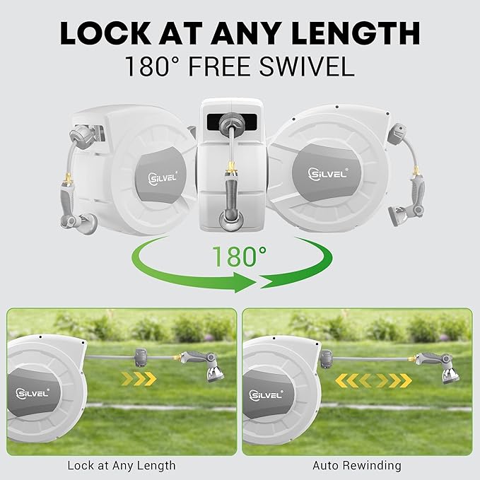 Retractable Garden Hose Reel, 1/2" x 100ft Wall Mount Heavy Duty Automatic Hose Reel with 10 Pattern Nozzle, Any Length Lock & Slow Return System, 180°Swivel Bracket Upgraded UV Resistant,Light Grey