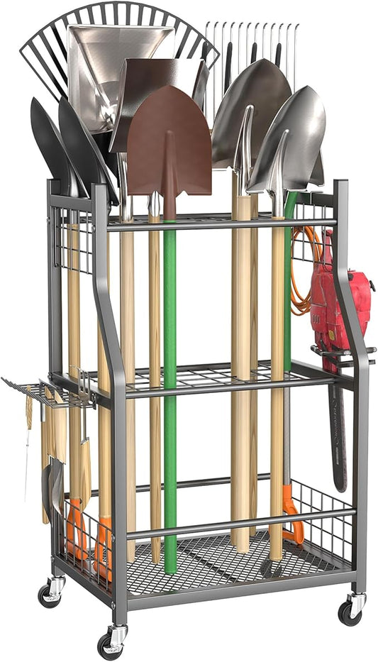 TORACK Garden Tool Organizer with Wheels, Rakes Shovels Yard Tools Stand for Garage, Shed, Garden, Indoor/Outdoor Long-Handled Tools Cart(Mid-size)