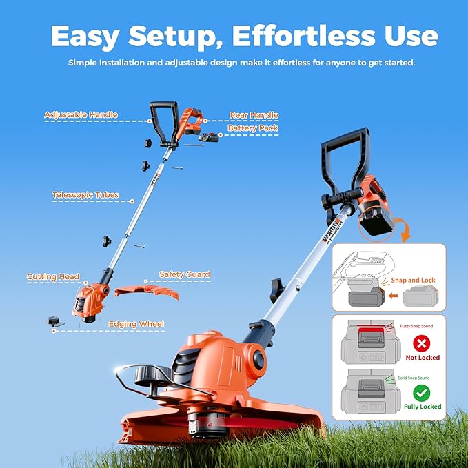 Electric Weed Wacker String Trimmer: 21V Cordless Weed Eater and Edger Battery Powered, 2 in 1 Lawn Tool with 12" Cutting Width, 2 x 2.0Ah Batteries and Charger Included, Eco Friendly Grass Cutter
