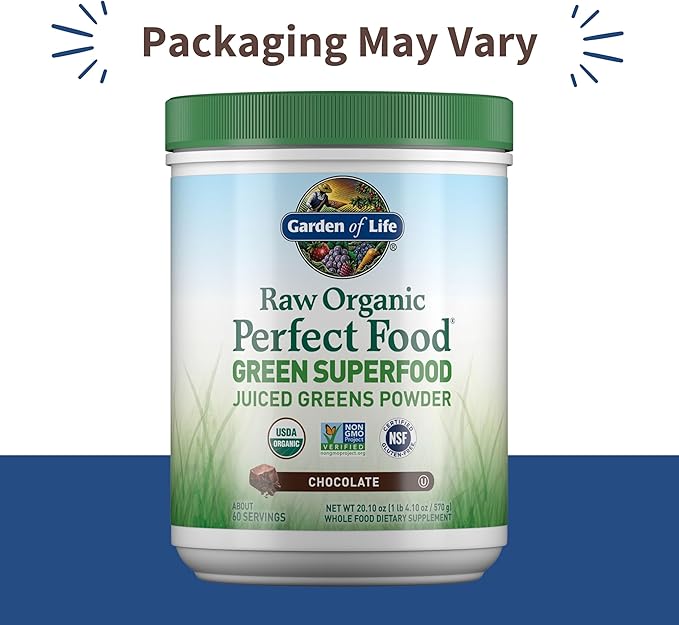 Garden of Life Raw Organic Perfect Food Green Superfood Juiced Greens Powder - Chocolate, 60 Servings, Non-GMO, Gluten Free, Vegan Whole Food Dietary Supplement Plus Probiotics, Enzymes