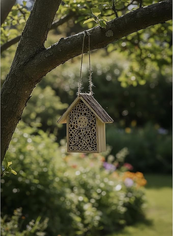 Redwood Mason Bee House - Solitary Insect Hotel & Wooden Nesting Habitat | Leafcutter Bee Hive with Easy-Hang Jute Rope | Outdoor Garden Decor & Weatherproof Beneficial Bug Home for Pollinators
