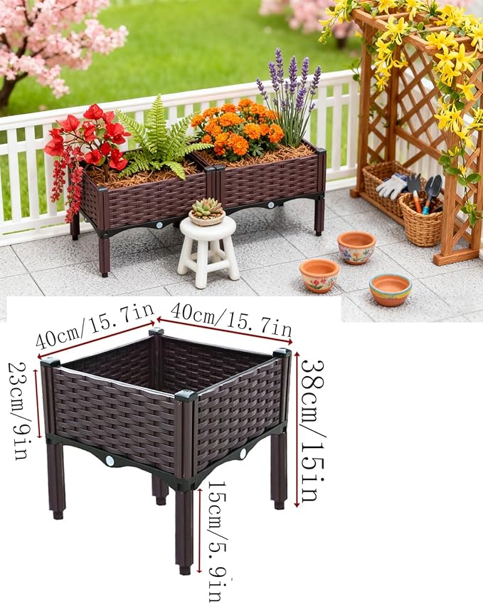 zeng Elevated Raised Garden Bed Planter with Drainage Holes – Reinforced PP Material, 15.7”x15.7”x15” for Vegetables, Flowers, Herbs – Patio, Deck, Balcony (1 Set)