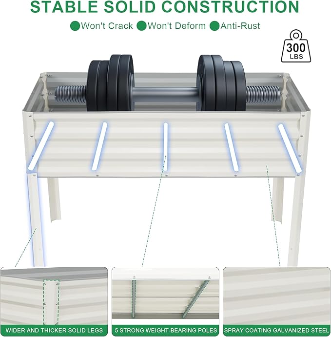 Elevated Raised Garden Bed with Legs, 48x24x32in Galvanized Planter Box Outdoor with Drainage Holes, Large Metal Raised Beds for Gardening Vegetables Herbs, Backyard, Patio, Balcony, White