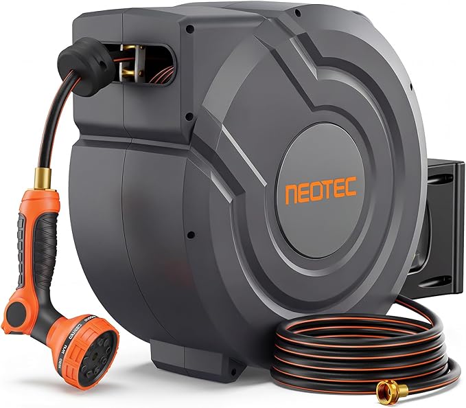 Upgraded Retractable Garden Hose Reel 1/2 inch x 130 ft Any Length Lock 9 Pattern Nozzle Wall-Mounted Automatic Slow Return 180° Swivel UV Resistant Heavy Duty Hose Reels for Outside