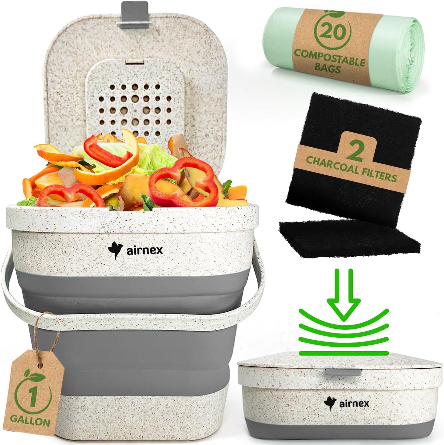 Collapsible Compost Bin Kitchen Counter Caddy - 1 Gallon Countertop Compost Bin with Lid Made of Wheat Straw - Odorless Kitchen Compost Bin Countertop with 20 Compost Bags and 2 Carbon Filters