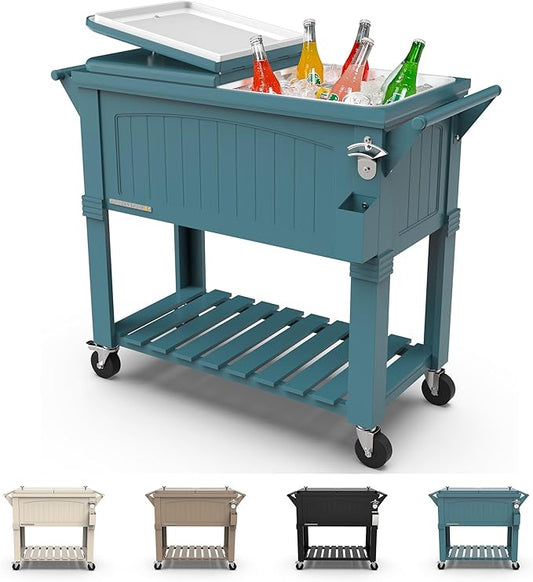 Permasteel 80-Qt Large Antique Patio Cooler with Wheels & Handles, Outdoor Rolling Beverage Cooler Cart with Bottom Storage Shelf, Wood-Style Hard Can Cooler for Outside, Teal Blue Green