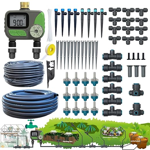 Drip Irrigation System with Water Timer(Dual System) Plug-in Quick Connection Drip Irrigation Kit 5/16“ID and 1/4 Inch Pipe Auto Watering System for Garden Spray, Greenhouse, Lawn, Potted Plants