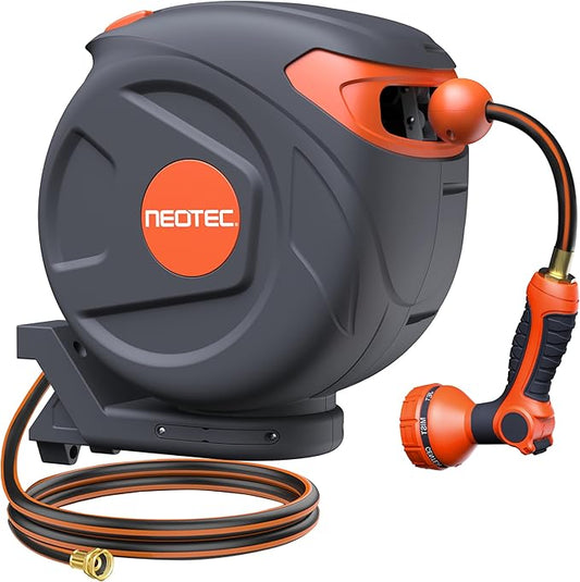 Upgraded Retractable Garden Hose Reel 1/2 inch x 85 ft Any Length Lock 9 Pattern Nozzle Wall-Mounted Automatic Slow Return 180° Swivel UV Resistant Heavy Duty Hose Reels for Outside