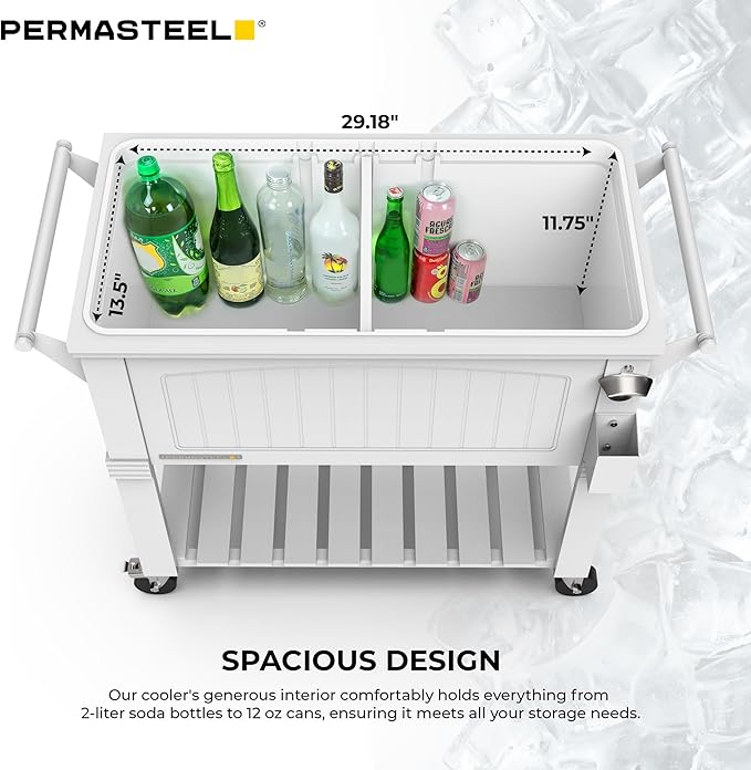 Permasteel Party Cooler with Divider, Spacious 80-Qt Capacity, Chills 36hrs, Serving Tray, Rolling Ice Chest for Indoor and Outdoor Entertainment, Matte White