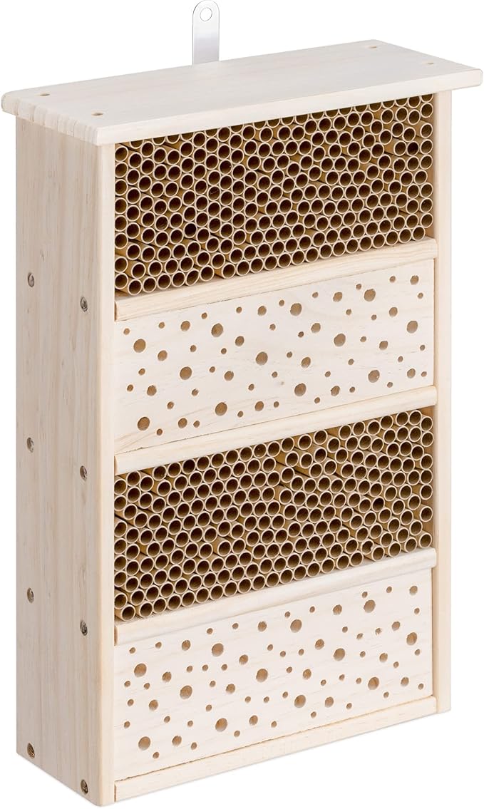 Navaris Bee House for Garden - 10.2" x 15.8" Bee Hotel for The Garden - Nesting Tubes Box with Holes for Carpenter Bees, Pollinating Bees, Mason Bees