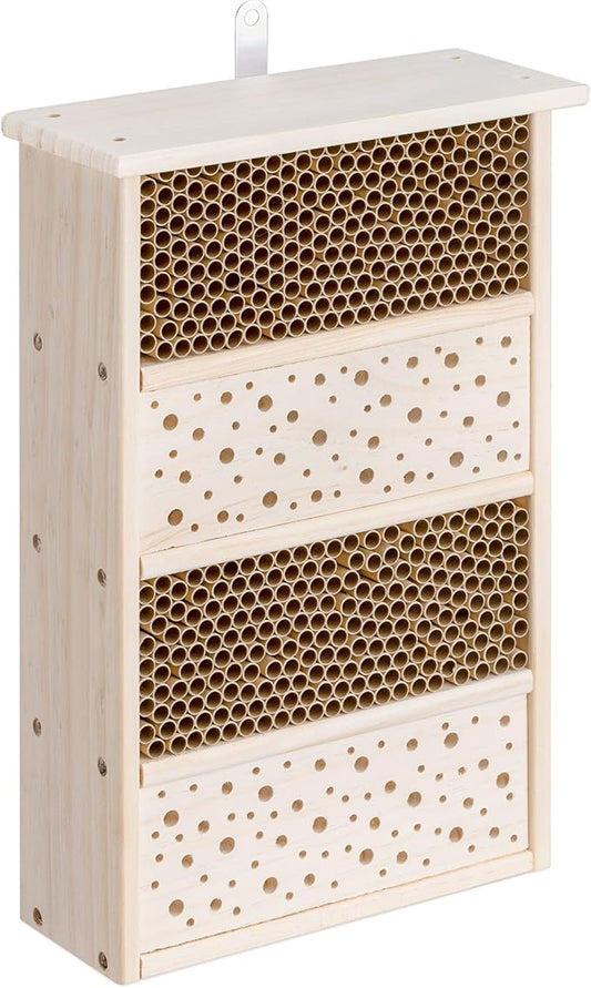 Navaris Bee House for Garden - 10.2" x 15.8" Bee Hotel for The Garden - Nesting Tubes Box with Holes for Carpenter Bees, Pollinating Bees, Mason Bees