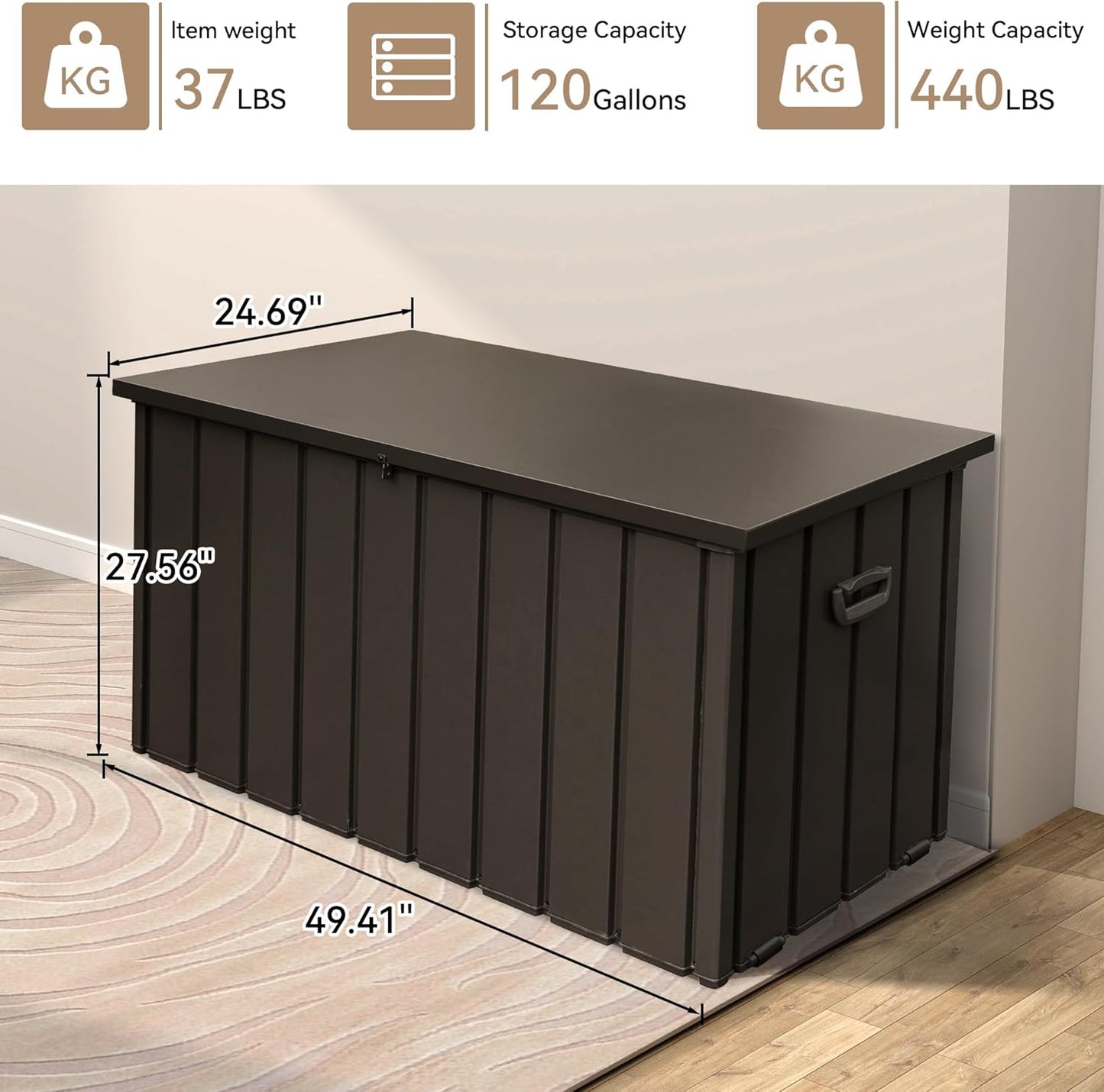 Outdoor Storage Box, 120 Gallon Metal Deck Box Waterproof, Outside Steel Storage Lockable Cabinet, Indoor Storage Bin Container for Patio/Poolside/Backyard Cushions, Pillow- Brown