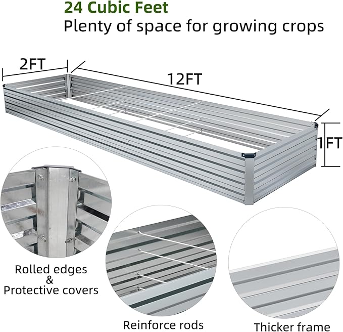 2 Pack 12x2x1FT Galvanized Raised Garden Beds Kit Outdoor Metal Gardening Planter Box for Vegetable Elevated Flower Herbs,Silver