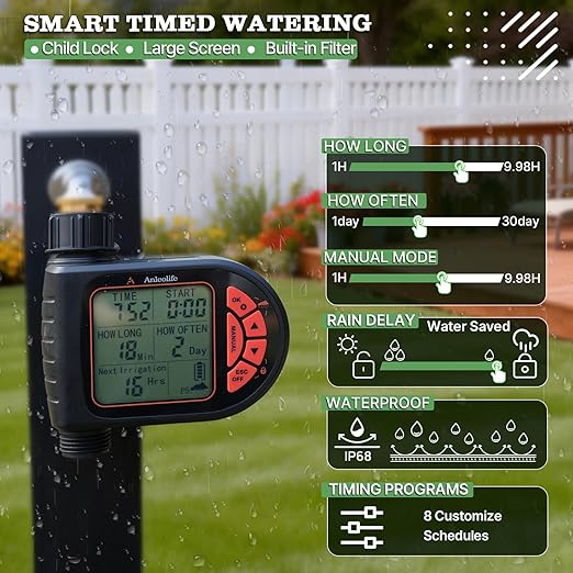 A ANLEOLIFE 82.4FT Automatic Drip Irrigation Kit with Water Timer, 8 Programs & LCD, Quick-Connect System, 1/2" Mainline + 1/4" Tubing, 360° Bendable Nozzles for Raised Beds, Garden & Greenhouse