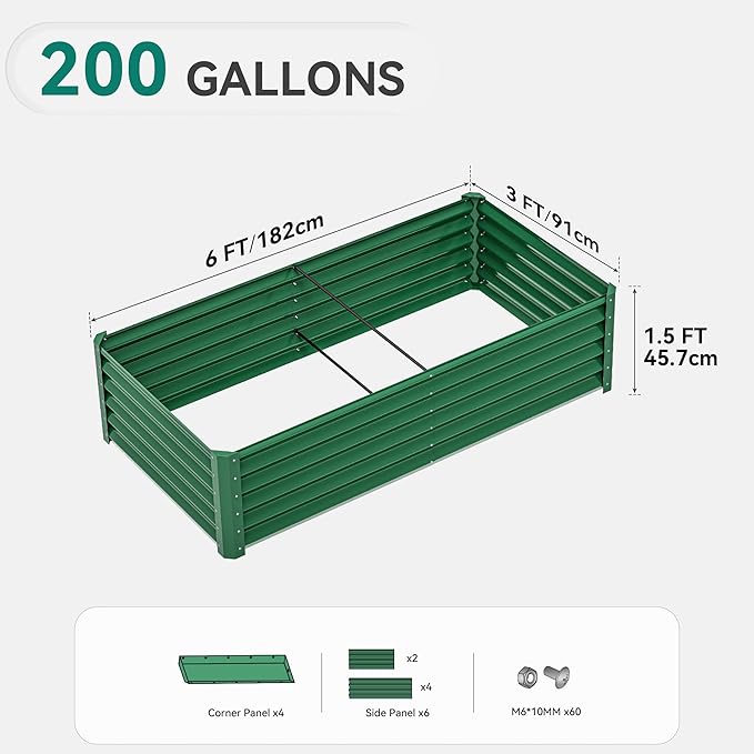 YITAHOME 6x3x1.5ft Large Raised Garden Bed Kit, Galvanized Metal Planter Box with Gloves, Green