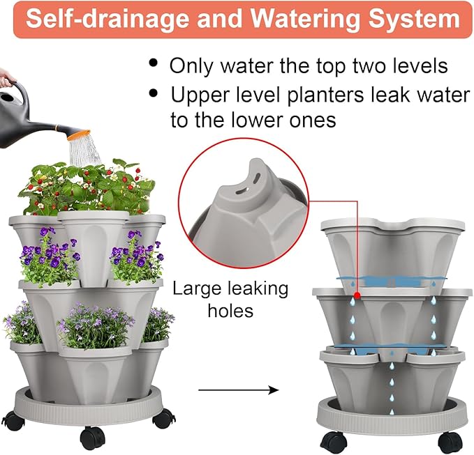 GameXcel Vertical Planter Tower- 3 Tier Stackable Garden Planter with Wheels and Tool Set – Grow Strawberries Herbs Flowers and Vegetables - Indoor Outdoor Use Gray