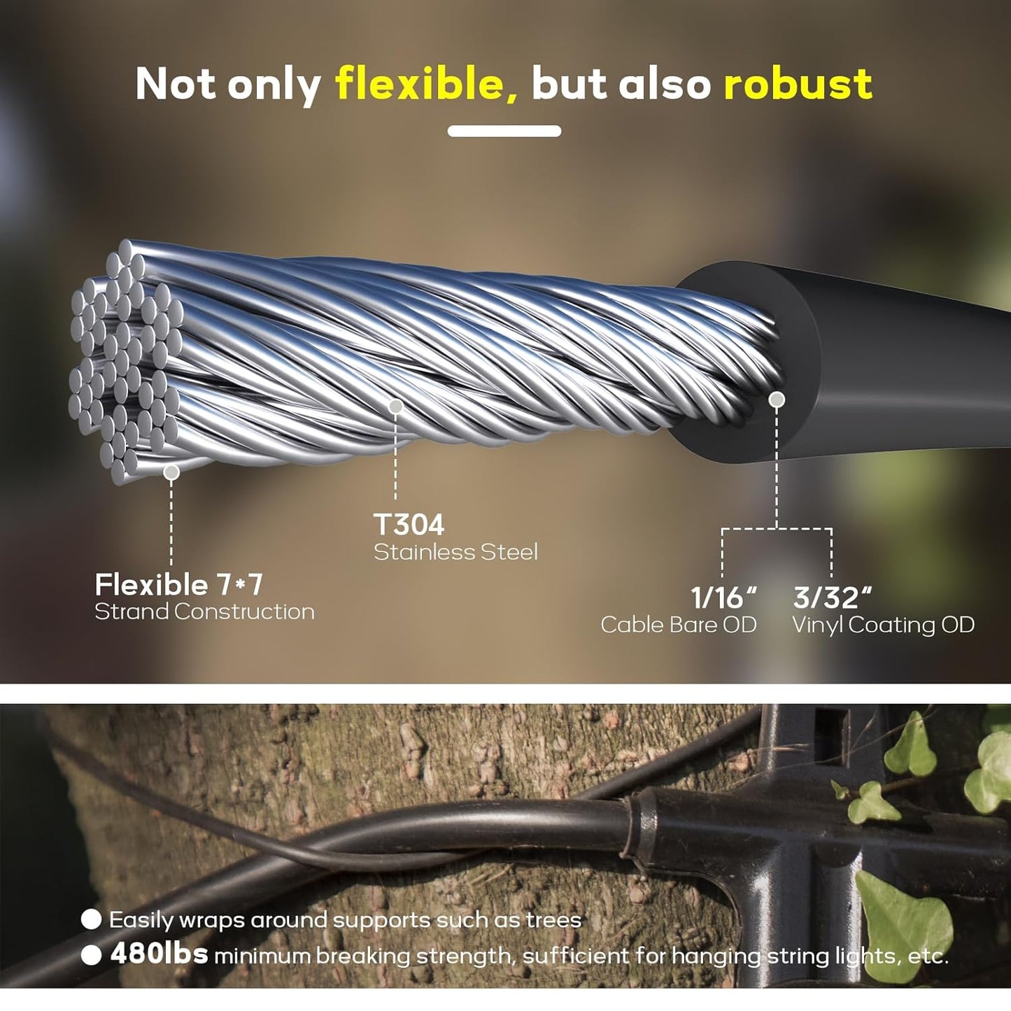 Vinyl Coated Wire Rope 1/16 Inch Overmolded to 3/32 Inch, 400FT 304 Stainless Steel Cable with 120 Pcs Crimping Sleeves for String Light Hanging Kit, Clotheslines and Trellis Wire