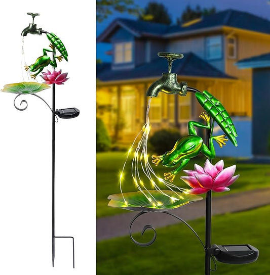 Solar Outdoor Lights Decorative Solar Frog Lights with Lotus Bird Feeder Faucet Shaped Lighted Garden Stake Decorations for Pathway Lawn Patio Courtyard Backyard