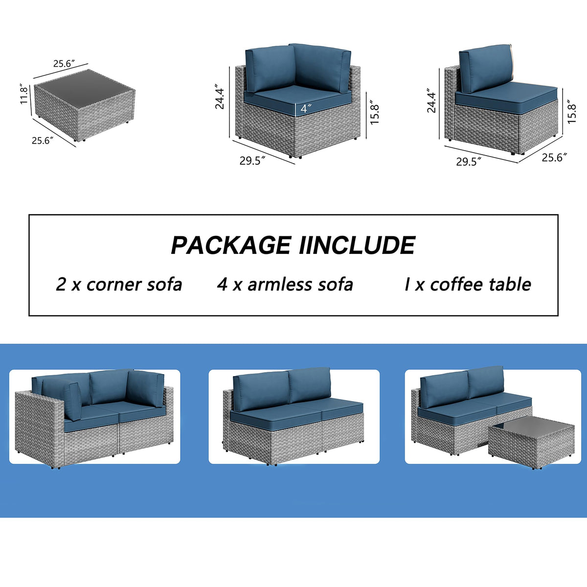 7 Pieces Outdoor Patio Furniture Sets (Aegean Blue/7 Pieces)