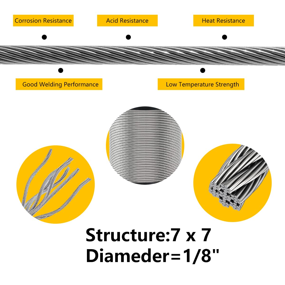 100FT 1/8" T316 Stainless Steel Cable with Cutter, 7x7 Strands Aircraft Wire Rope for Deck Railing, Stair Handrail, Porch Fence, High Strength for Indoor and Outdoor Use