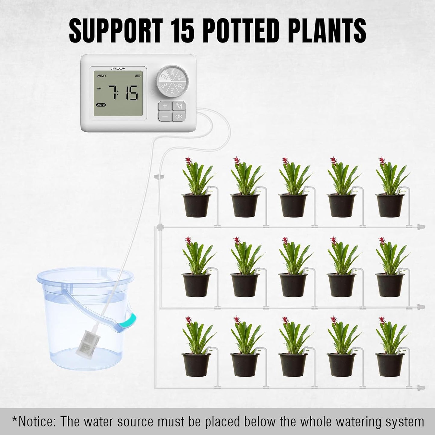 Raddy WS-6 Automatic Plant Waterer, Indoor Plant Watering System for 15 Potted Plants, Programmable Water Timer with LCD Display, USB Power, Water Shortage Alarm for Balcony Greenhouse