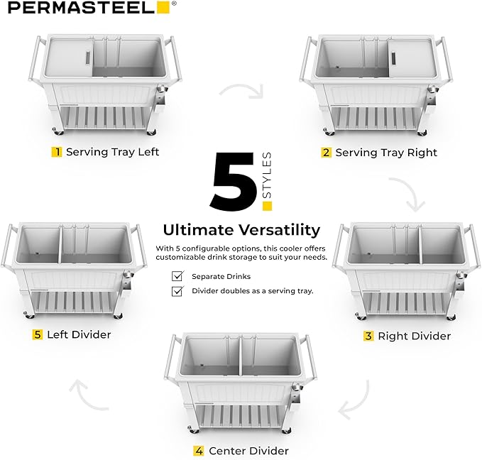 Permasteel Party Cooler with Divider, Spacious 80-Qt Capacity, Chills 36hrs, Serving Tray, Rolling Ice Chest for Indoor and Outdoor Entertainment, Matte White