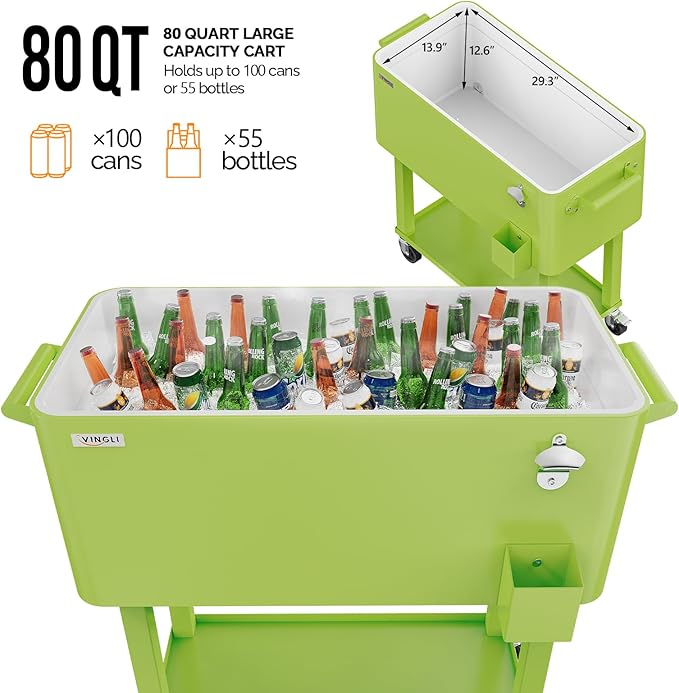VINGLI 80 Quart Rolling Ice Chest, Portable Patio Party Bar Drink Cooler Cart, with Shelf, Beverage Pool with Bottle Opener