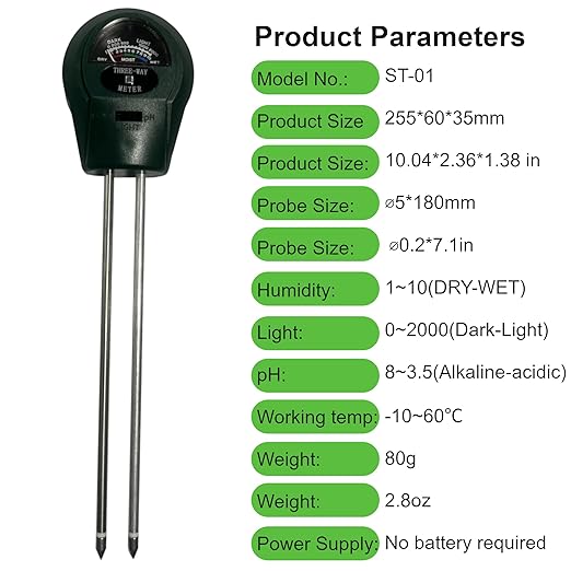 Soil Probe All-in-One pH/Moisture/Light Dual Probe Soil Tester Plant Care Soil Meter for Garden, Lawn, Farm, Promotes Healthy Plant Growth(Green)