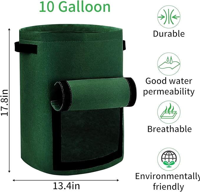 JJGoo 4 Pack Potato Grow Bags 10 Gallon with Flap, Heavy Duty Fabric with Handle and Harvest Window, Non-Woven Planter Pot Plant Garden Bags to Grow Vegetables Tomato, Blackish Green