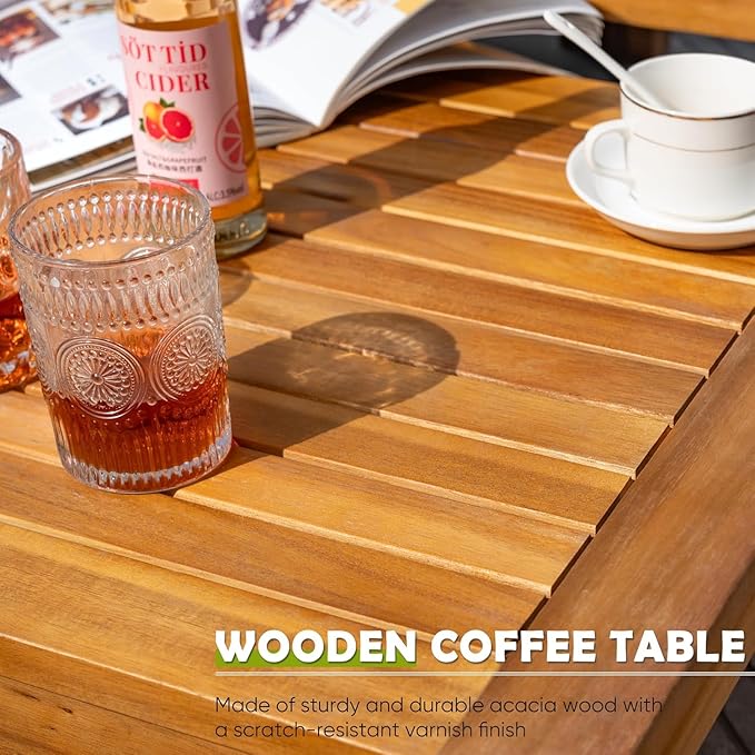 Greesum 7 Pieces Small Patio Sofa, Acacia Wood Frame, Padded Patio Conversation and Chairs Set for Garden, Backyard, Poolside, Beige