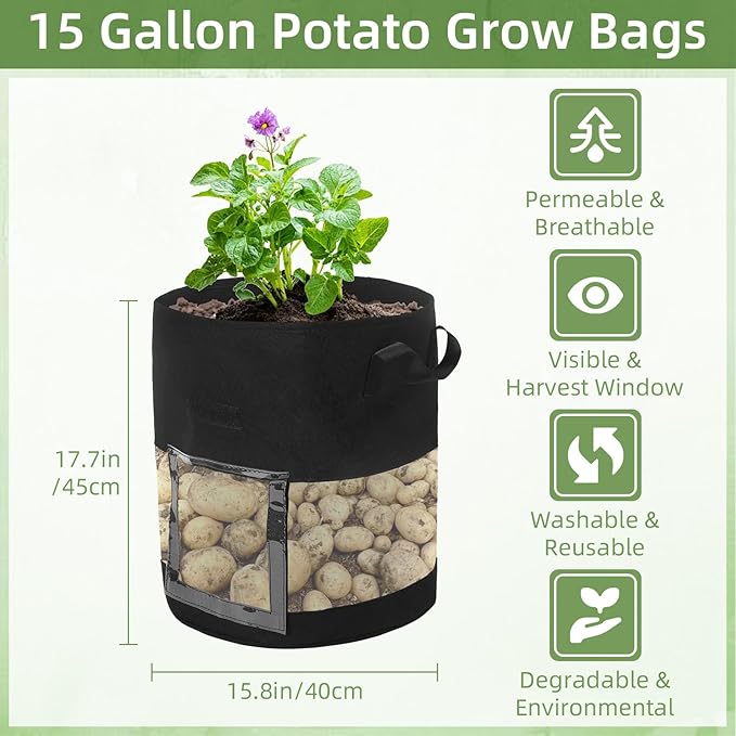 6 Pack 15 Gallon Visible Potato Grow Bags, Thickened Nonwoven Fabric Pots Potato Growing Containers with Handles & Visible Flap, Plant Grow Bags for Growing Potatoes, Tomatoes, Flowers, and Vegetables