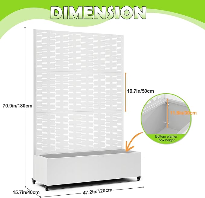 15.7"×70.9"×47.2" Metal Raised Garden Bed with Trellis and Wheels - Tall Trellis Planter Box for Climbing Plants, Vegetables & Vines - Outdoor Privacy Planters for Patio (White-Brick)