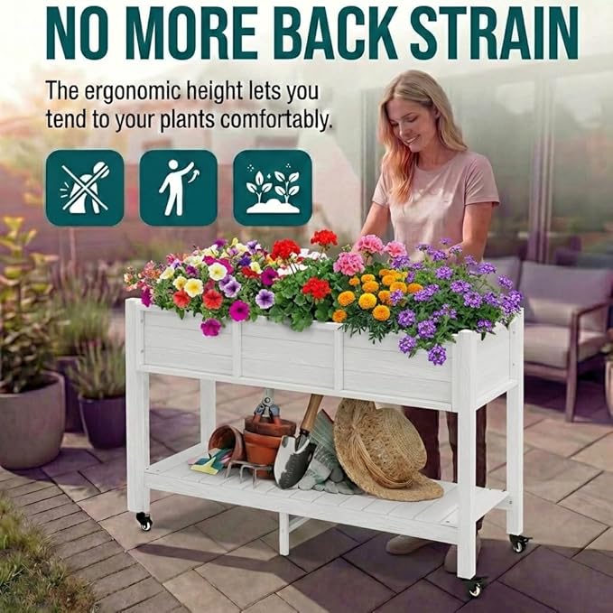 YITAHOME Raised Garden Bed HDPE, 47x18x31In Raised Flower Bed Poly-Wood Weather-Resistant Elevated Planter Box with Lockable Wheels & Storage Shelf for Vegetable Flower, White
