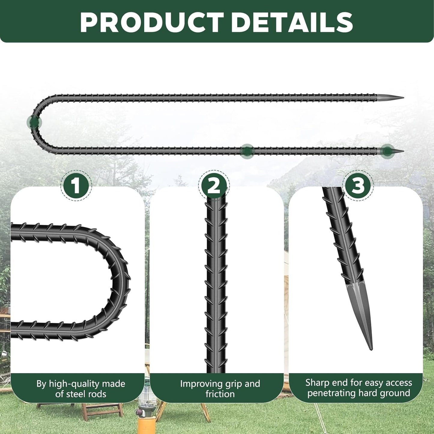 10 PCS Trampoline Stakes Anchors High Wind Heavy Duty,U Shaped Garden Hooks Stakes for Ground,Trampoline Tie Downs Anchor Kit,Bounce Horseshoe House Stake,Rebar Camping Tent Stakes,16 Inch Long Black