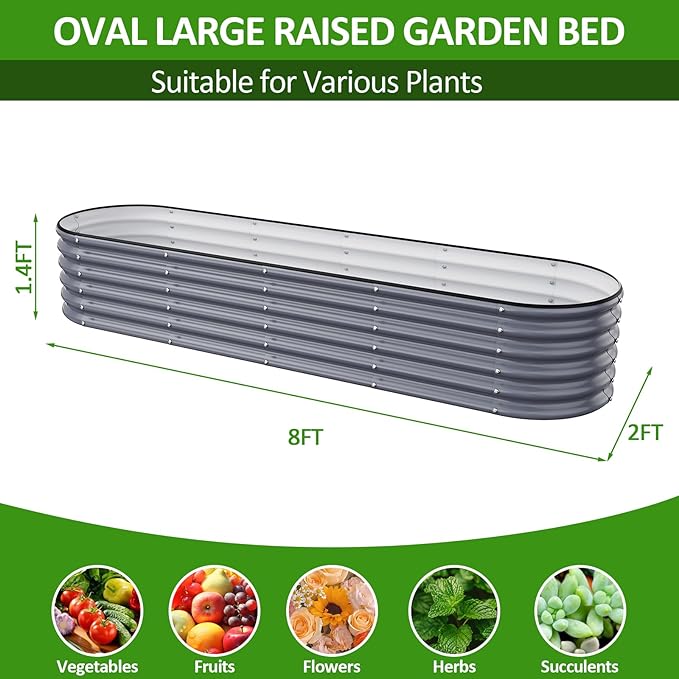 Gruper Galvanized Raised Garden Bed, 8×2×1.4 ft Tall Oval Large Metal Planter Raised Garden Boxes Outdoor for Vegetable Fruits Flower Herb, Anti-Rust and Sturdy & Easy-Setup