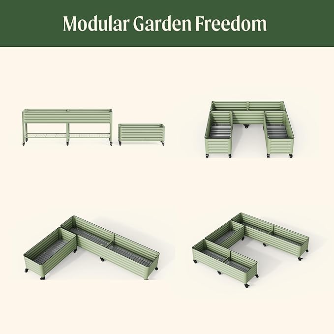 Vego garden Classic Rolling Garden Bed – 1.75' Mobile Metal Raised Garden Bed for Patio, Deck, Balcony – Deep Planting Space, Durable & Easy to Move (Pearl White, 1.75'X8')