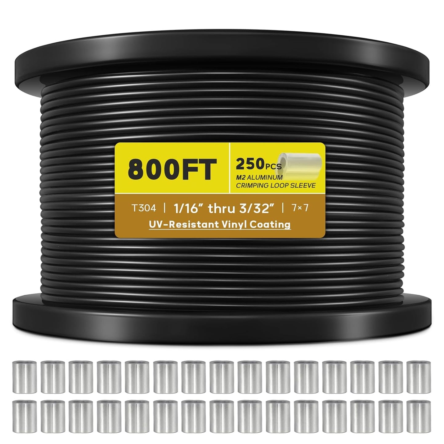 Vinyl Coated Wire Rope 1/16 Inch Overmolded to 3/32 Inch, 800FT 304 Stainless Steel Cable with 250 Pcs Crimping Sleeves for String Light Hanging Kit, Clotheslines and Trellis Wire