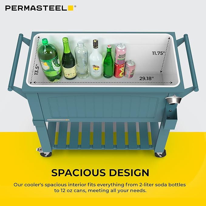 Permasteel 80-Qt Large Antique Patio Cooler with Wheels & Handles, Outdoor Rolling Beverage Cooler Cart with Bottom Storage Shelf, Wood-Style Hard Can Cooler for Outside, Teal Blue Green