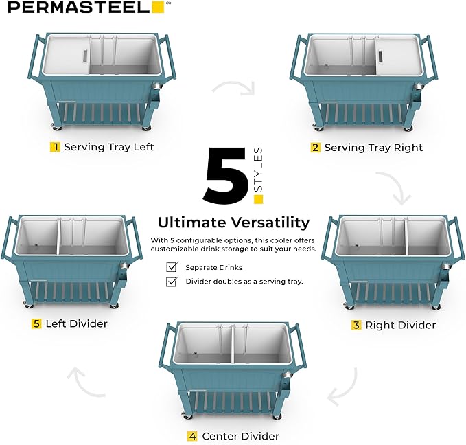 Permasteel Party Cooler with Divider, Spacious 80-Qt Capacity, Chills 36hrs, Serving Tray, Rolling Ice Chest for Indoor and Outdoor Entertainment, Matte Teal