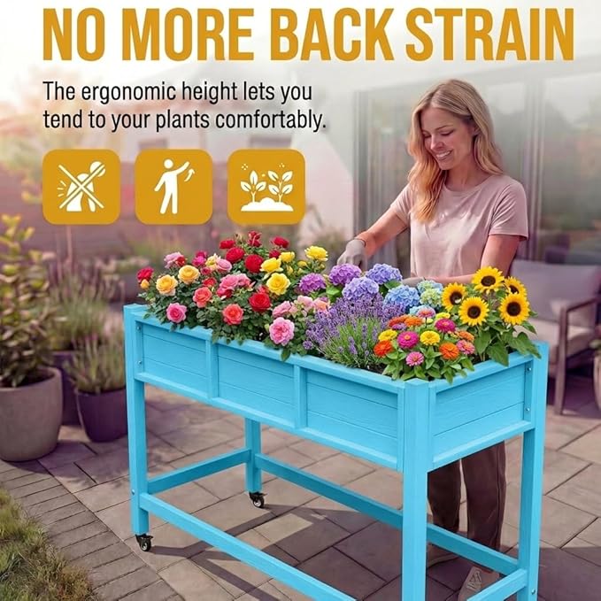 DWVO 47x18x31in Raised Garden Bed HDPE, Weather-Resistant Poly Wood Planter Box Stand, Planter Box with Legs & Lockable Wheels, Elevated Garden Bed for Backyard Patio Balcony - Aruba Blue