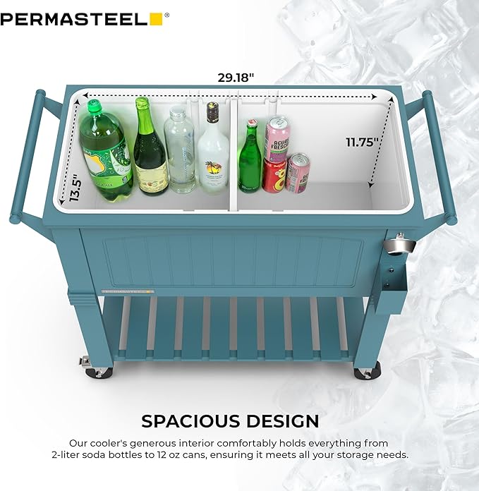 Permasteel Party Cooler with Divider, Spacious 80-Qt Capacity, Chills 36hrs, Serving Tray, Rolling Ice Chest for Indoor and Outdoor Entertainment, Matte Teal