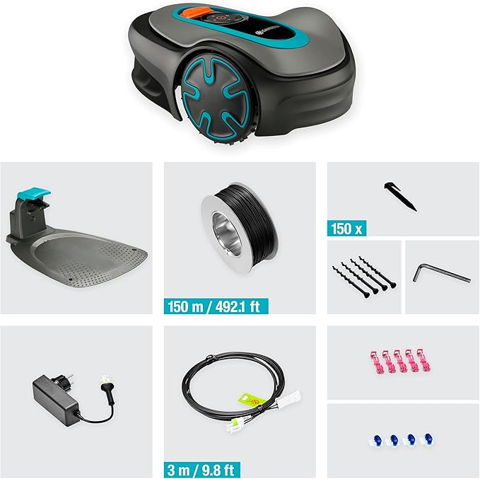 GARDENA 15201-20 SILENO Minimo - Automatic Robotic Lawn Mower with Bluetooth app, Boundary Wire - for lawns up to 2700 Sq Ft, Made in Europe, Grey