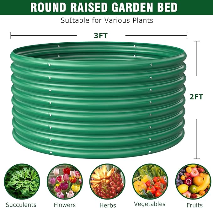 FRIZIONE 2-Pack 3FT(D) x2FT(H) Round Raised Garden Bed Outdoor, Raised Garden Beds for Flower, Raised Planter Box Outdoor for Herb, Vegetable-Dark Green