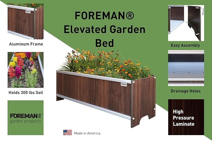 Foreman Raised Garden Bed 10 Year Warranty 36”Lx12”Wx14”H Premium Plastic Wood Grain Aluminum Frame Elevated Planter Box for Backyard Patio Balcony, Tosca